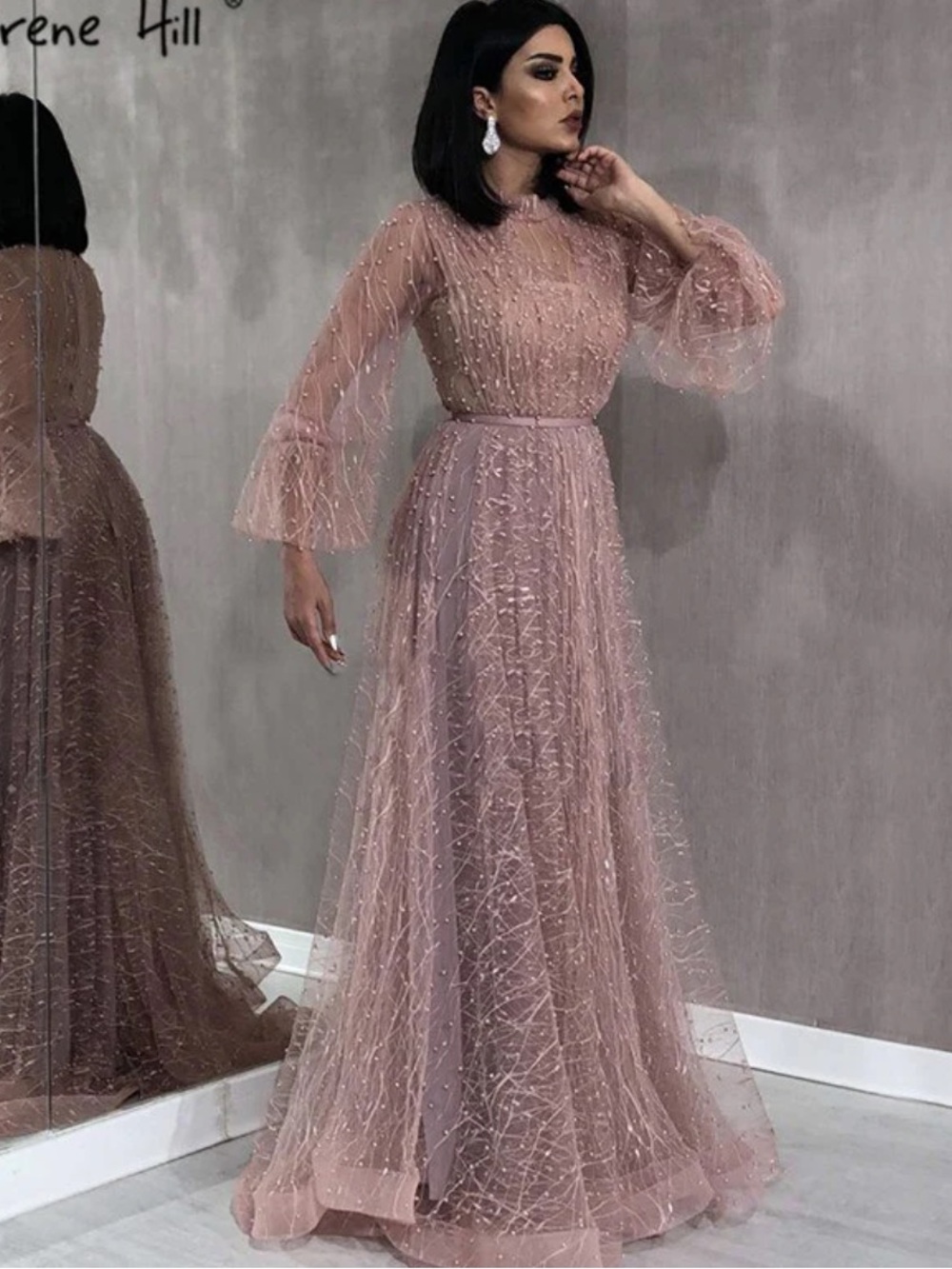 Serene Hill Dusty Rose Long-Sleeve Beaded Tulle Gown
